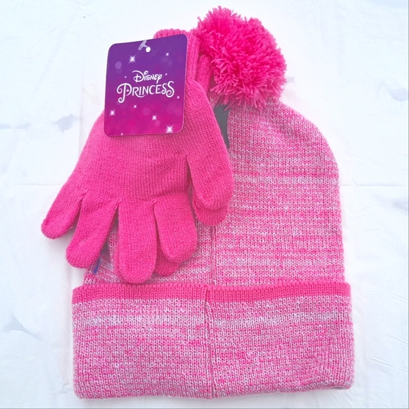 Disney Girl's Princess Pink Beanie With A Puff And Gloves - Picture 2 of 3